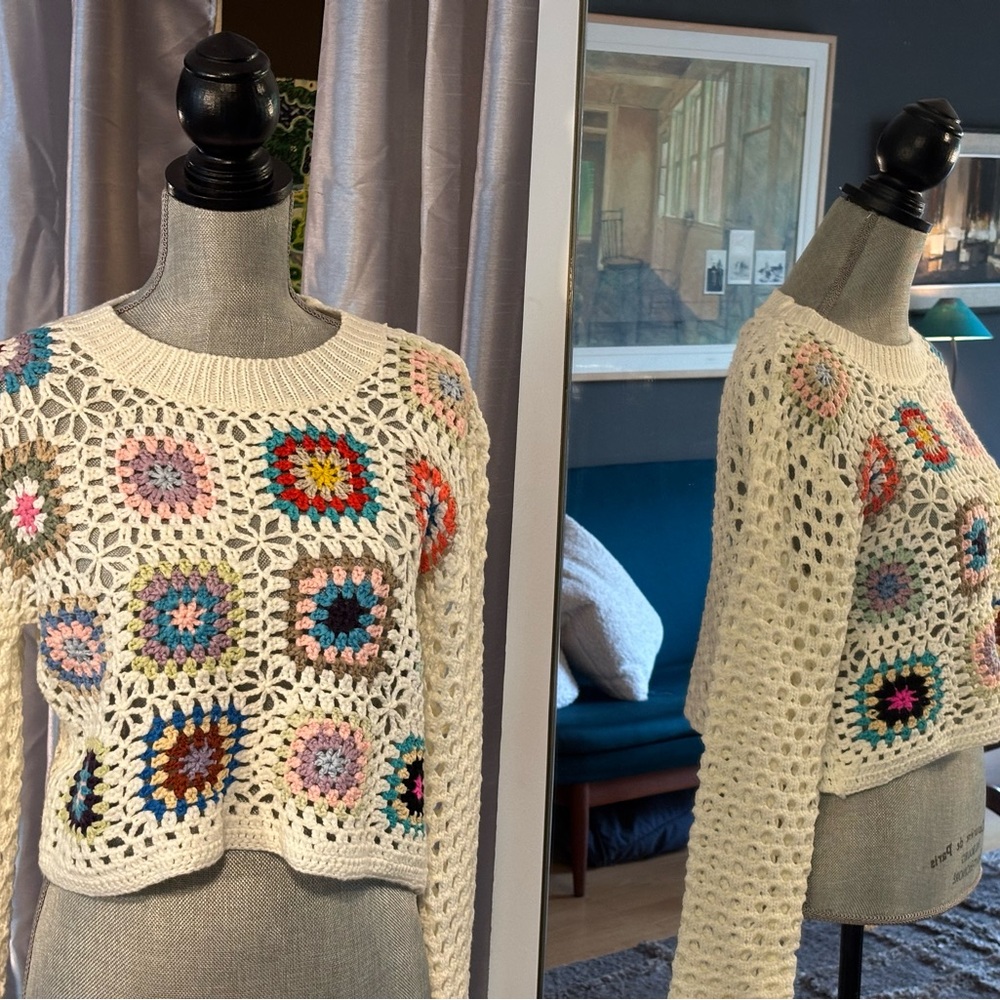 Dreamers knit crochet top in cream and colourful patchwork! New!